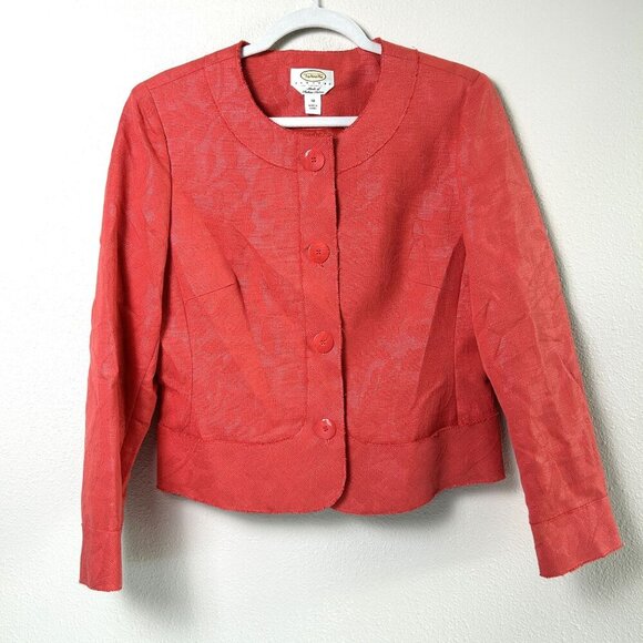 Talbots Jacket Womens Petite 10 10P Pink Salmon Floral Button Front Collarless - Picture 1 of 16